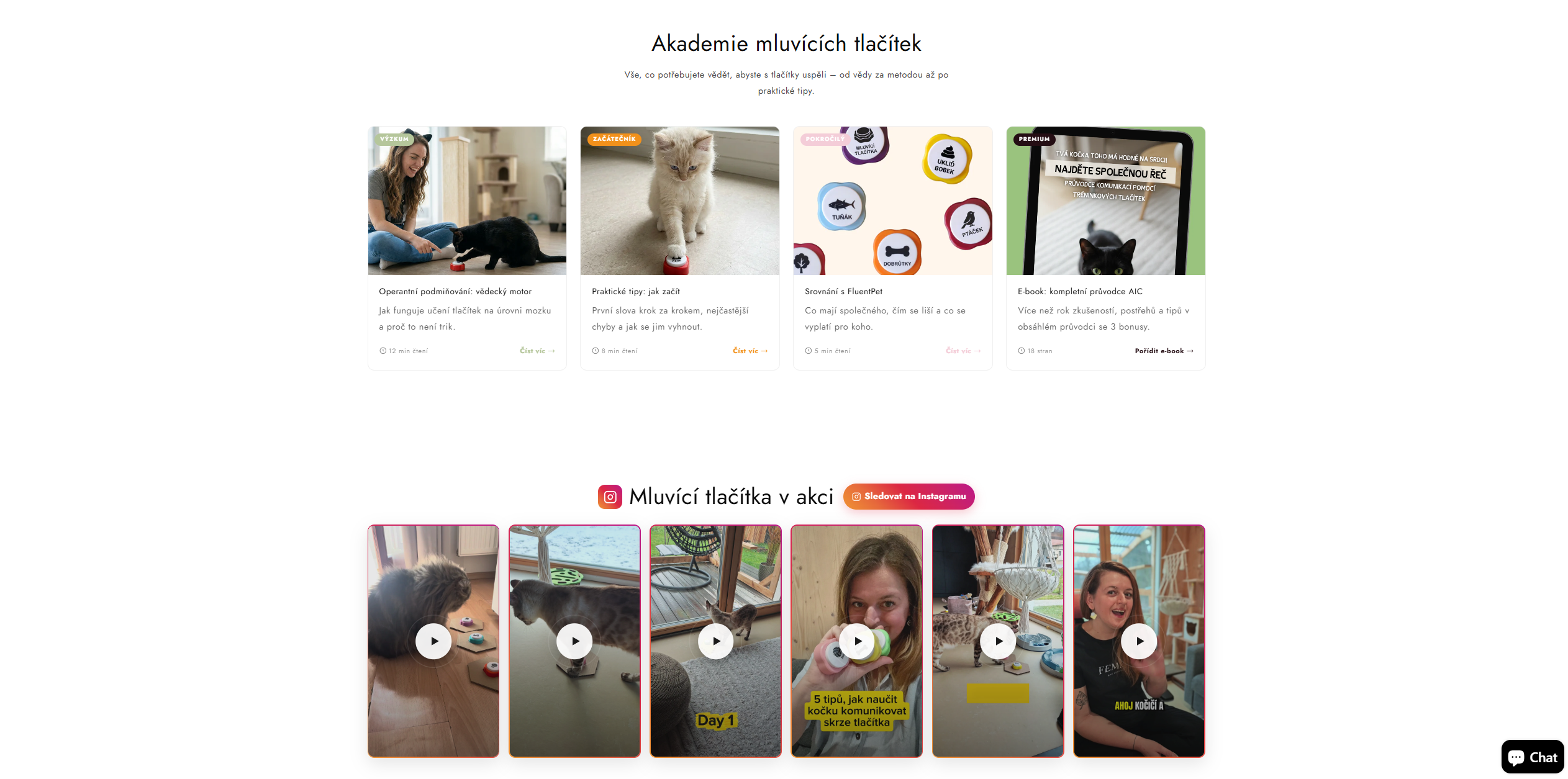 Akademie mluvících tlačítek s kartami článků a pásem videí z Instagramu – Po